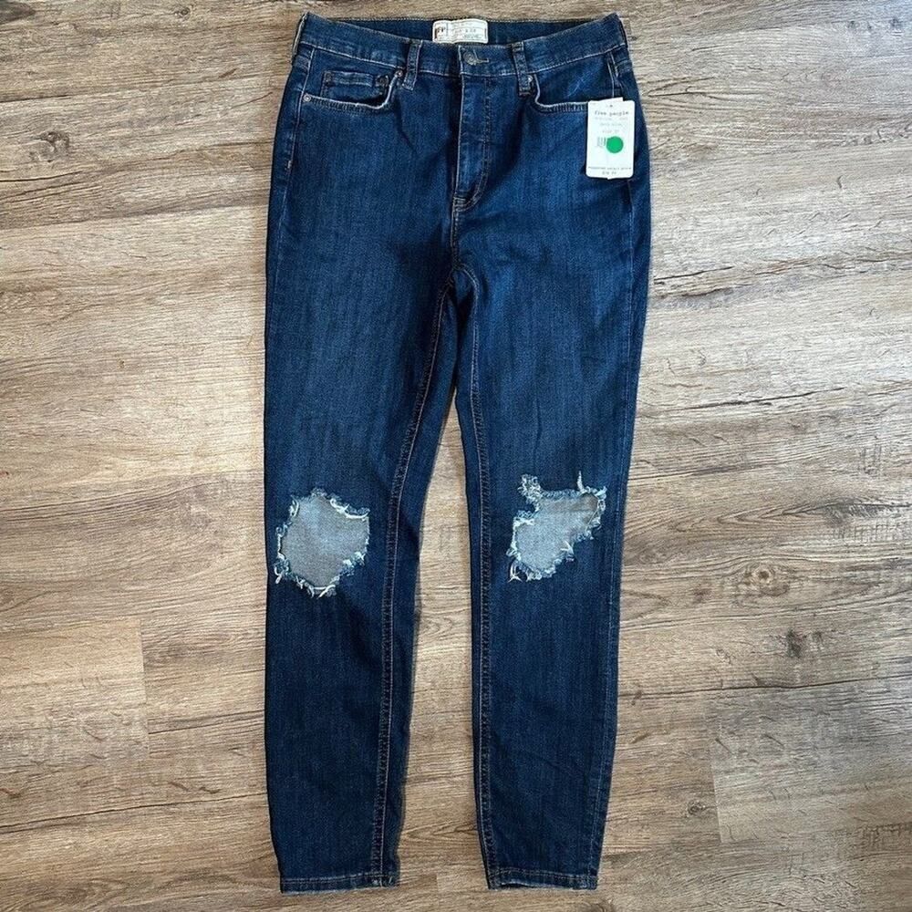 NWT Free People High Rise Busted Knee Skinny Jeans Size 30 Dark Wash Distressed